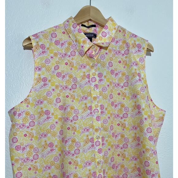 NWT Lands’ End Size 16 Yellow Pink Paisley Button Up Sleeveless Blouse No-Iron - Picture 2 of 7